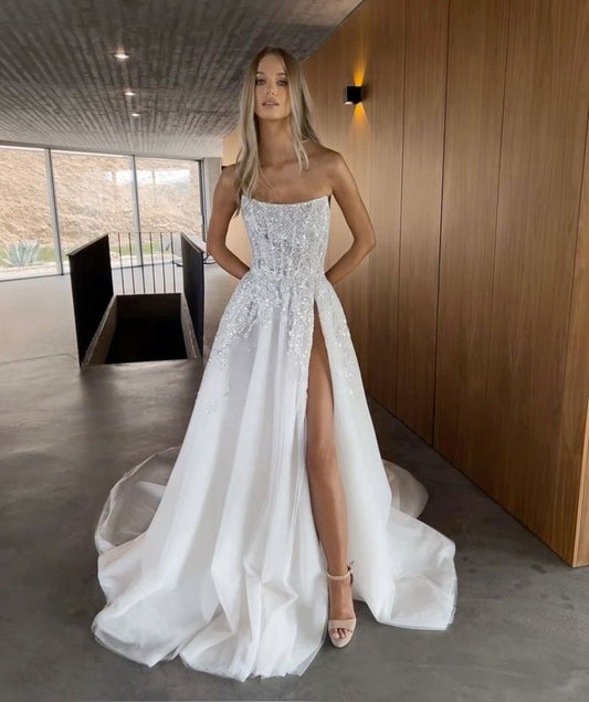 Vestido de novia clásico, vestido de fiesta, sin tirantes, con abertura, blanco, de verano, de encaje, vestidos de novia minimalistas DP1363