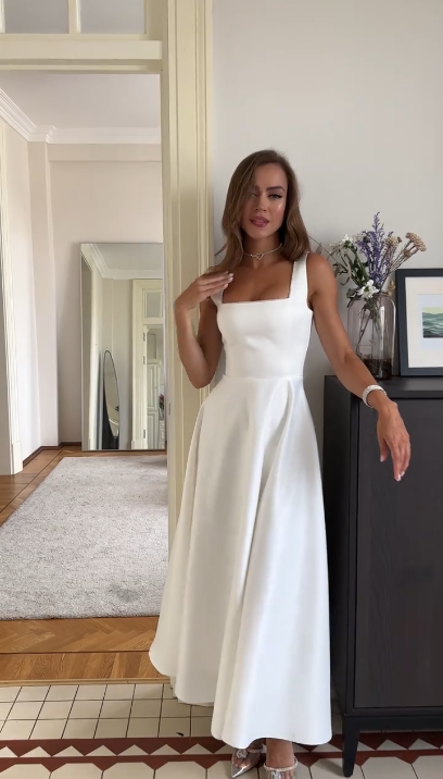 Vestido de novia clásico de corte A, cuadrado, de satén blanco, para verano, estilo minimalista, DP1370