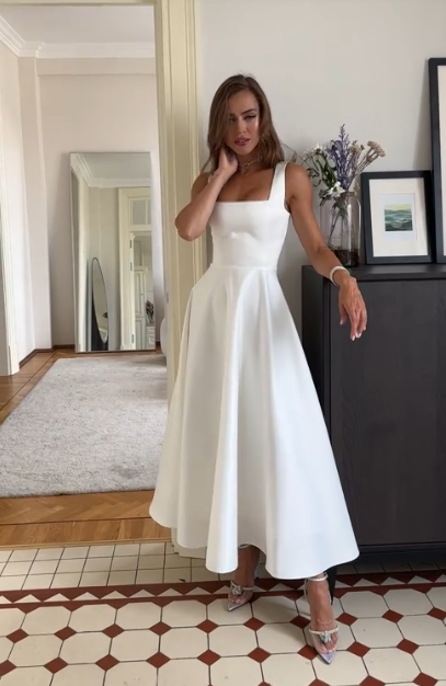 Vestido de novia clásico de corte A, cuadrado, de satén blanco, para verano, estilo minimalista, DP1370