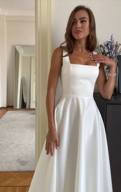 Vestido de novia clásico de corte A, cuadrado, de satén blanco, para verano, estilo minimalista, DP1370