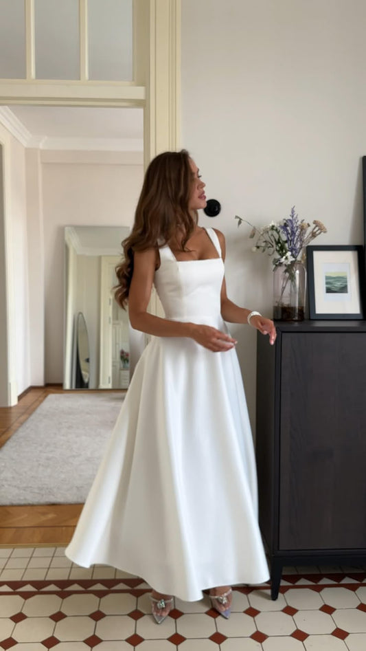 Vestido de novia clásico de corte A, cuadrado, de satén blanco, para verano, estilo minimalista, DP1370