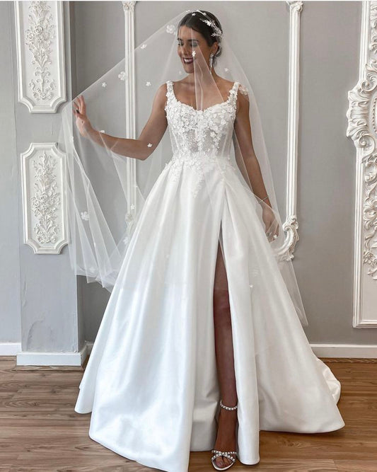 Vestido de novia clásico, vestido de baile, escote corazón, encaje, blanco, vestidos de novia minimalistas DP1371