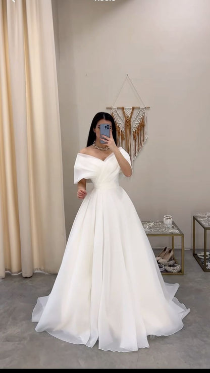 Vestido de novia sencillo, largo, blanco, con hombros descubiertos, DP1379