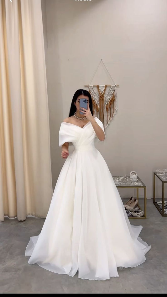 Vestido de novia sencillo, largo, blanco, con hombros descubiertos, DP1379