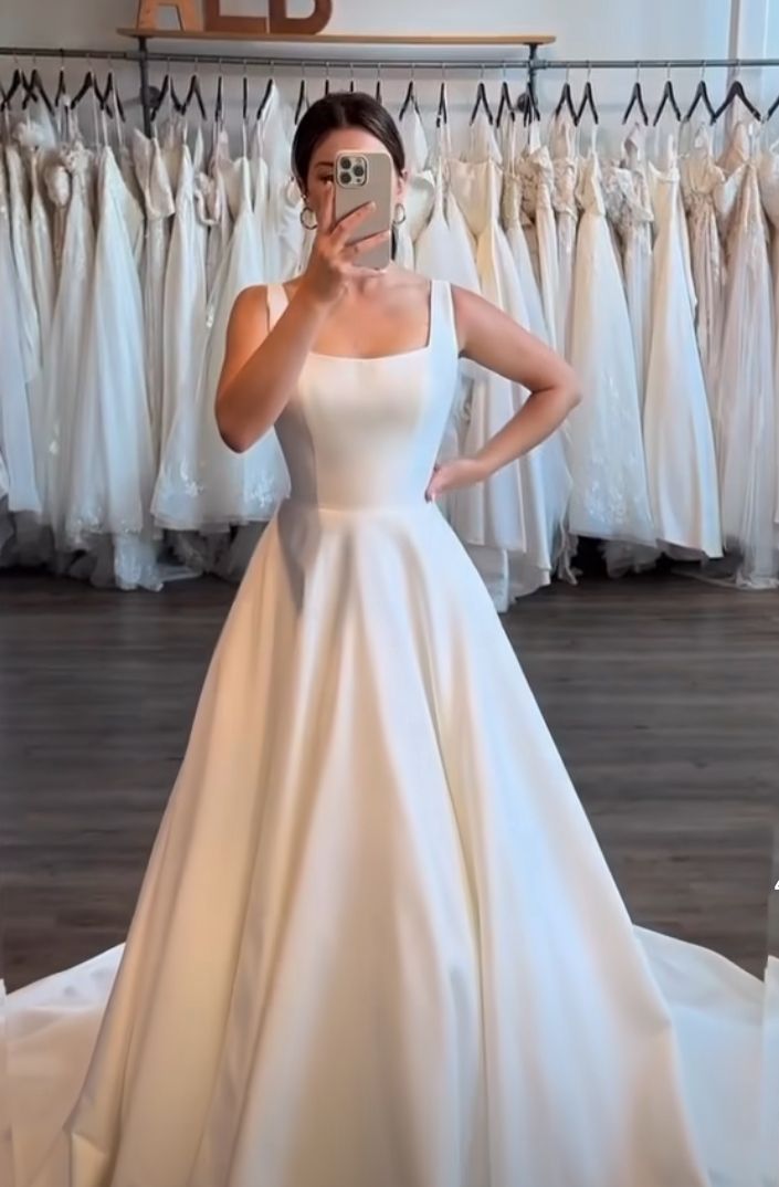 Vestido de novia clásico de corte A, cuadrado, de satén blanco, largo, de verano, minimalista, DP1380