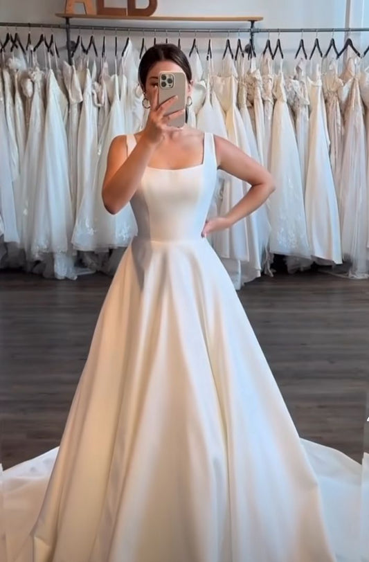 Vestido de novia clásico de corte A, cuadrado, de satén blanco, largo, de verano, minimalista, DP1380