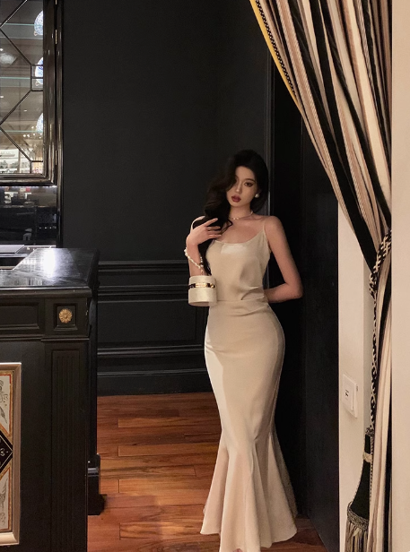 Vestido largo de satén con tirantes finos y corte sirena para fiesta de 18 cumpleaños, atuendos para 21 cumpleaños, ideas de vestidos de cumpleaños para mujeres DP1382