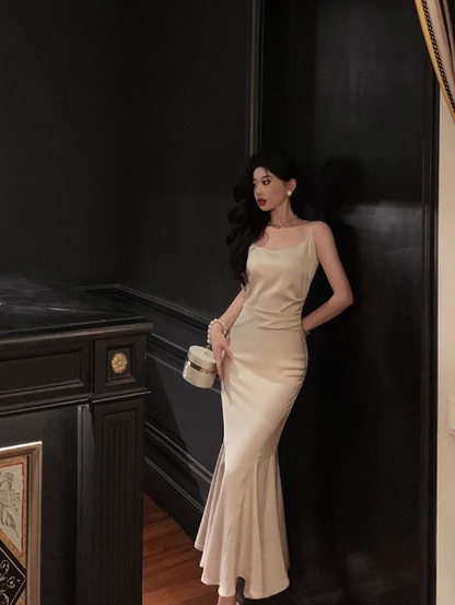 Vestido largo de satén con tirantes finos y corte sirena para fiesta de 18 cumpleaños, atuendos para 21 cumpleaños, ideas de vestidos de cumpleaños para mujeres DP1382