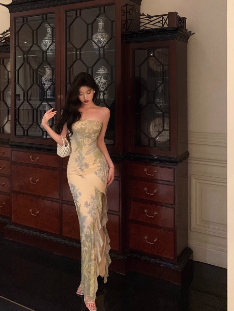 Elegante vestido de sirena sin tirantes, verde, floral, sin mangas, para fiesta de cumpleaños número 21, ideas de vestidos de cumpleaños para mujeres, DP1383