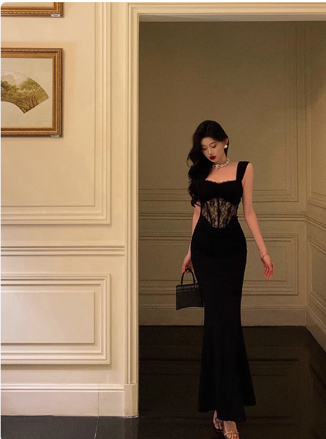 Vestido largo negro con tirantes de sirena para fiesta de 18 cumpleaños, atuendos para 21 cumpleaños, ideas de vestidos de cumpleaños para mujeres DP1392