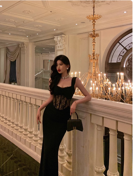 Vestido largo negro con tirantes de sirena para fiesta de 18 cumpleaños, atuendos para 21 cumpleaños, ideas de vestidos de cumpleaños para mujeres DP1392