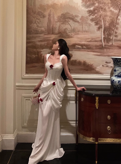 Elegante vestido de noche de satén blanco con tirantes de sirena y sin mangas para 21 cumpleaños, ideas para vestidos de cumpleaños para mujeres DP1410