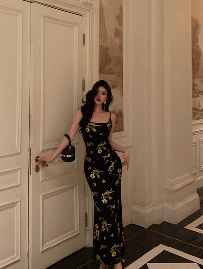Elegante vestido negro floral de satén sin mangas para fiesta de cumpleaños número 23. Ideas de vestidos de cumpleaños para mujeres (DP1418)