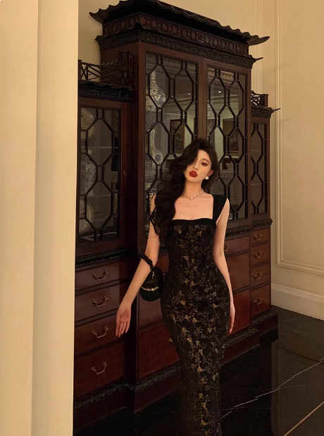 Elegant Sheath Square Neckline Black Floral Sleeveless 23rd Birthday Dress Party Gown Birthday Outfits Birthday Dress Ideas For Women DP1424