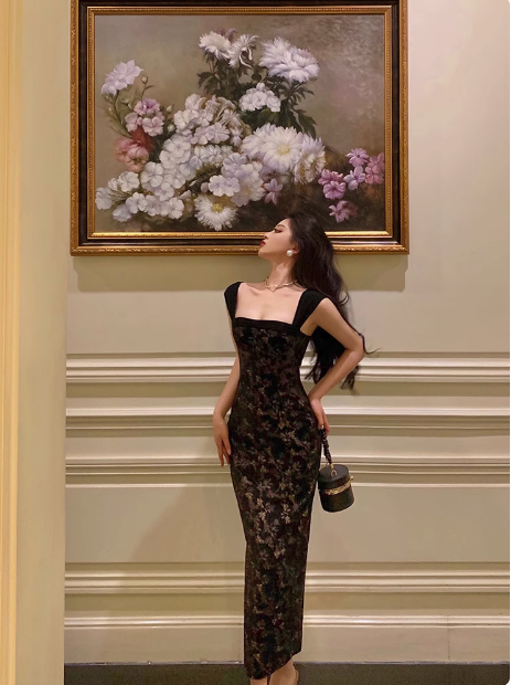 Vestido elegante de fiesta para cumpleaños número 23, con escote cuadrado, estampado floral negro, sin mangas, ideal para mujeres (DP1424)