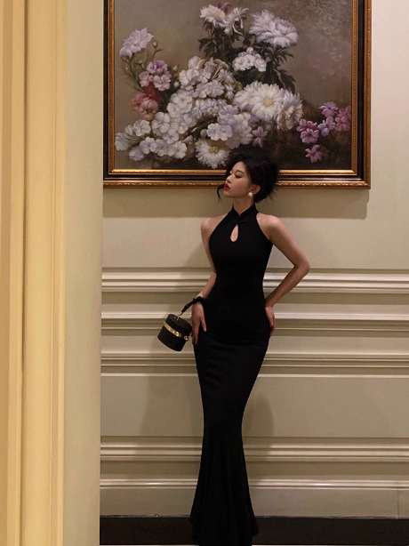 Elegante vestido de sirena con escote alto, negro, sin mangas, para fiesta de cumpleaños número 23, ideas para vestidos de cumpleaños para mujeres DP1425