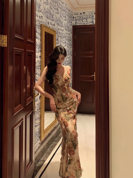 Vestido elegante de fiesta de cumpleaños número 23 con tirantes finos, de gasa floral, sin mangas, ideal para mujeres (DP1431)