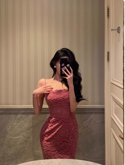 Vestido elegante de sirena con tirantes finos y encaje para cumpleaños número 21. Ideas de vestidos de cumpleaños para mujeres (DP1439).