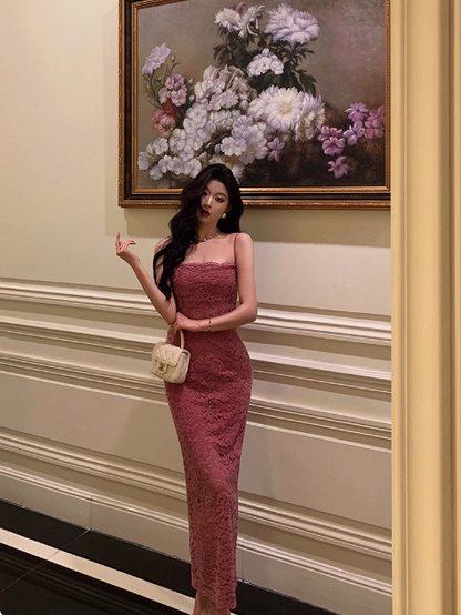 Vestido elegante de sirena con tirantes finos y encaje para cumpleaños número 21. Ideas de vestidos de cumpleaños para mujeres (DP1439).