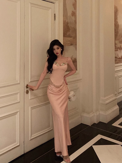 Elegante vestido de sirena de 2 piezas de satén rosa sin mangas para cumpleaños número 21, vestido de noche, atuendos de cumpleaños, ideas para vestidos de cumpleaños para mujeres DP1442