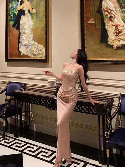 Elegante vestido de sirena de 2 piezas de satén rosa sin mangas para cumpleaños número 21, vestido de noche, atuendos de cumpleaños, ideas para vestidos de cumpleaños para mujeres DP1442