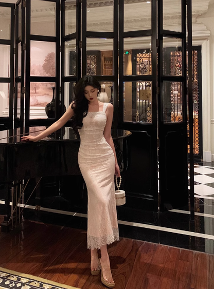 Elegante vestido de fiesta de sirena con encaje blanco y cuadrados para cumpleaños número 21. Ideas de vestidos de cumpleaños para mujeres (DP1446)