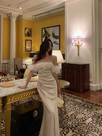 Elegante vestido de sirena con hombros descubiertos de satén blanco para cumpleaños número 21. Ideas de vestidos de cumpleaños para mujeres (DP1447)