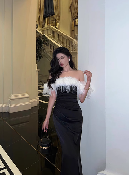 Elegant Mermaid Off The Shoulder Black Satin 21st Birthday Dress Party Gown Birthday Outfits Birthday Dress Ideas For Women DP1448