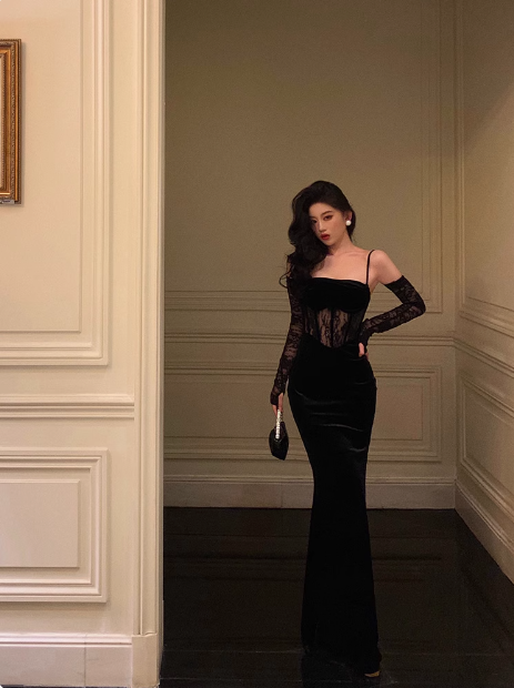 Vestido elegante de sirena con tirantes finos y encaje negro para cumpleaños número 21. Ideas de vestidos de cumpleaños para mujeres (DP1451).