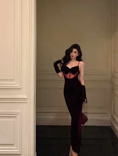 Vestido elegante de sirena con tirantes finos en terciopelo burdeos para 21 cumpleaños. Ideas para vestidos de cumpleaños para mujeres (DP1454).