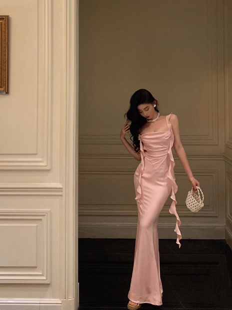 Vestido elegante de sirena con tirantes finos de satén rosa para 21 cumpleaños. Ideas para vestidos de cumpleaños para mujeres (DP1455).