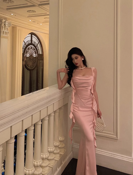 Vestido elegante de sirena con tirantes finos de satén rosa para 21 cumpleaños. Ideas para vestidos de cumpleaños para mujeres (DP1455).