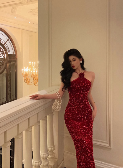 Sexy Mermaid Red Halter Sequin 21st Birthday Dress Party Gown Birthday Outfits Birthday Dress Ideas For Women DP1456