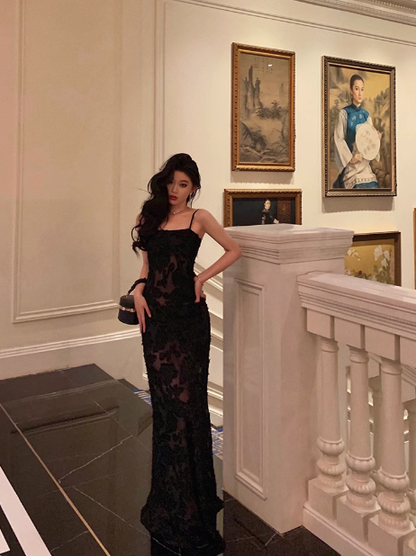 Vestido elegante de sirena con tirantes finos y encaje negro para cumpleaños número 21. Ideas de vestidos de cumpleaños para mujeres (DP1459).