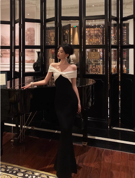 Elegante vestido de fiesta negro con escote sirena y hombros descubiertos, estilo glamuroso, para graduación y noche, DP1462