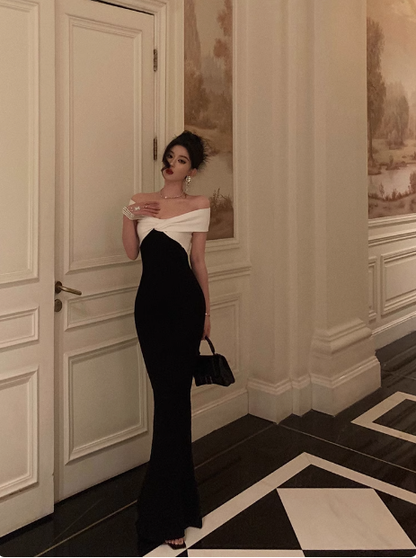 Elegante vestido de fiesta negro con escote sirena y hombros descubiertos, estilo glamuroso, para graduación y noche, DP1462