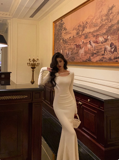 Vestido de fiesta de sirena sexy de satén blanco con mangas largas para 21 cumpleaños. Ideas de vestidos de cumpleaños para mujeres (DP1474).