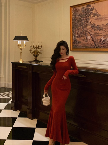 Vestido de fiesta de sirena sexy de satén rojo con mangas largas para 21 cumpleaños. Ideas de vestidos de cumpleaños para mujeres (DP1475).