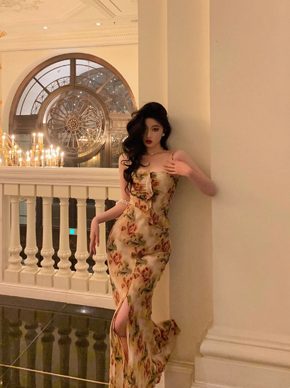 Vestido largo elegante de sirena con tirantes finos y estampado floral para celebrar el 23.º cumpleaños. Ideas para vestidos de cumpleaños para mujeres (DP1479).