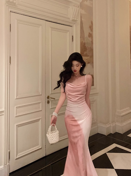 Vestido de fiesta de satén rosa con tirantes finos y corte sirena para 21 cumpleaños, atuendos de cumpleaños, ideas para vestidos de cumpleaños para mujeres DP1481
