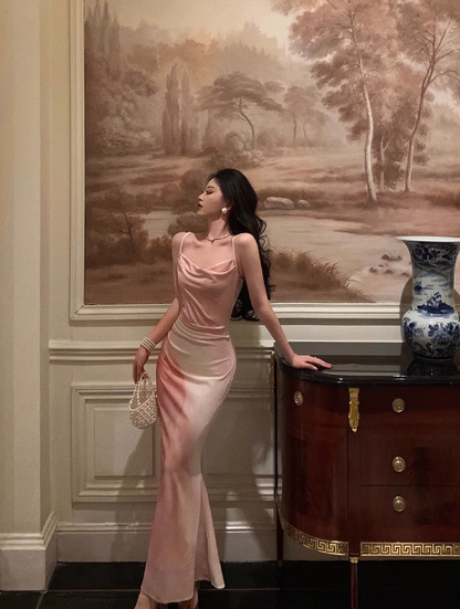 Vestido de fiesta de satén rosa con tirantes finos y corte sirena para 21 cumpleaños, atuendos de cumpleaños, ideas para vestidos de cumpleaños para mujeres DP1481
