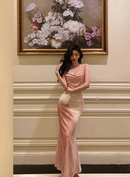 Vestido de fiesta de satén rosa con tirantes finos y corte sirena para 21 cumpleaños, atuendos de cumpleaños, ideas para vestidos de cumpleaños para mujeres DP1481