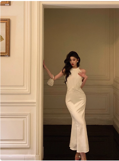 Vestido de fiesta de satén blanco con escote alto y corte sirena para 21 cumpleaños, ideas para vestidos de cumpleaños para mujeres (DP1482)