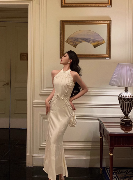 Vestido de fiesta de satén blanco con escote alto y corte sirena para 21 cumpleaños, ideas para vestidos de cumpleaños para mujeres (DP1482)