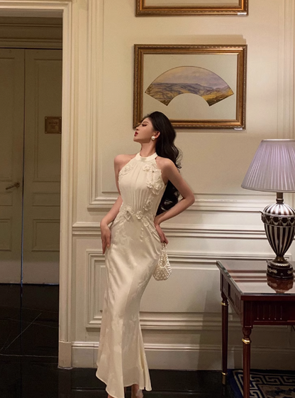 Vestido de fiesta de satén blanco con escote alto y corte sirena para 21 cumpleaños, ideas para vestidos de cumpleaños para mujeres (DP1482)