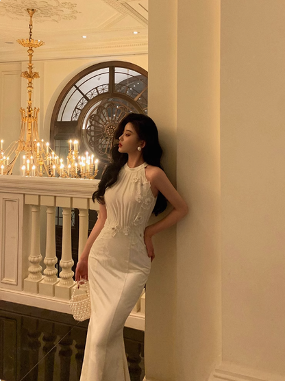 Vestido de fiesta de satén blanco con escote alto y corte sirena para 21 cumpleaños, ideas para vestidos de cumpleaños para mujeres (DP1482)