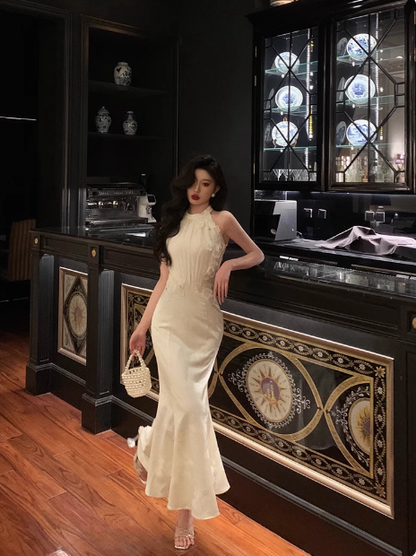 Vestido de fiesta de satén blanco con escote alto y corte sirena para 21 cumpleaños, ideas para vestidos de cumpleaños para mujeres (DP1482)