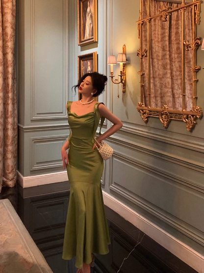Vestido de fiesta de satén verde cuadrado con corte sirena sexy para 21 cumpleaños, atuendos de cumpleaños, ideas para vestidos de cumpleaños para mujeres DP1490