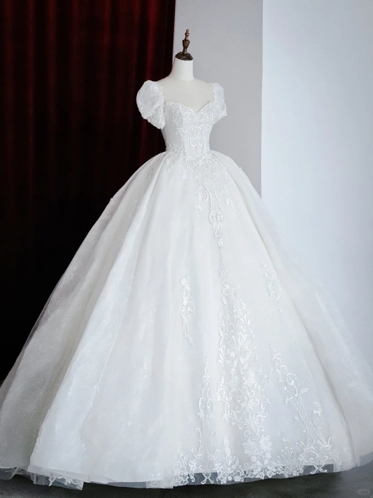 Vestidos de novia con brillo, corte corazón, mangas cortas y encaje, DP1491