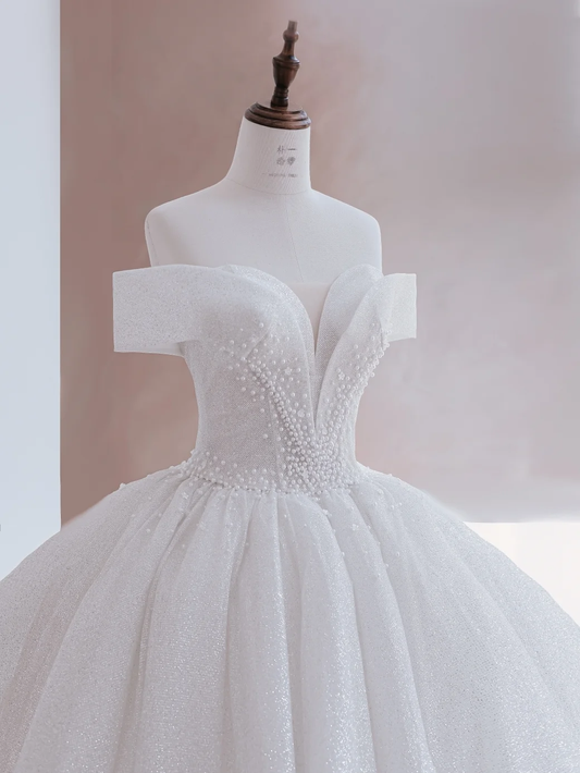 Vestidos de novia con brillo, vestido de fiesta con hombros descubiertos y lentejuelas, vestidos de novia largos DP1493